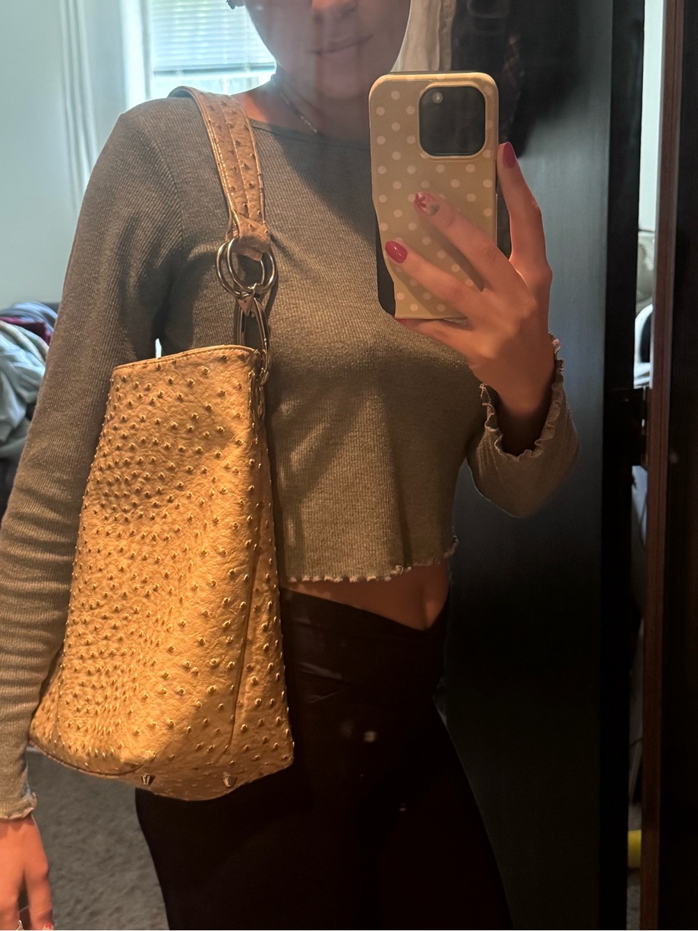 Textured Ostrich style Shoulder Bag with silver hardware